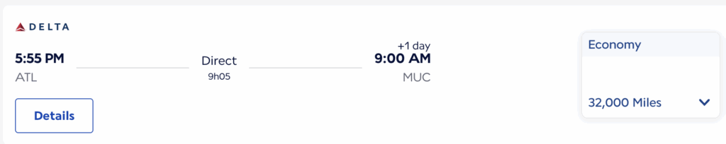 Screenshot of Flying Blue award pricing from Atlanta to Munich in 2025